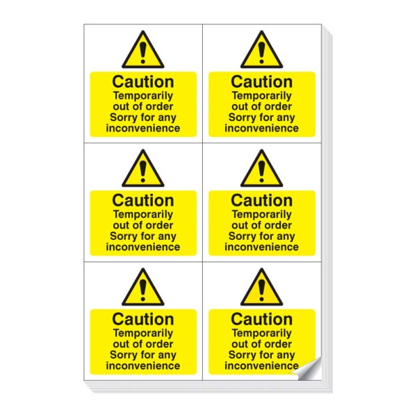 Caution - Temporarily Out of Order Labels (Sheet of 6)